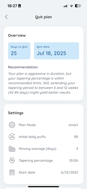 Puff Counter quit plan: days to the quit date, the recommendation and the plan settings