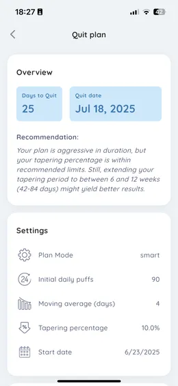 Puff Counter quit plan: days to the quit date, the recommendation and the plan settings
